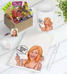 Kişiye Özel Bayan Kolay Yetişmiyor Karikatürlü Nostaljik Lezzetler Defter Kalem Kupa Seti-7