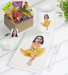 Kişiye Özel Marilyn Monroe Karikatürlü Nostaljik Lezzetler Defter Kalem Kupa Hediye Seti