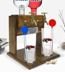 Kişiye Özel Renkli Baskılı Retro Otomobil Tasarımlı İkili Vodka Bardağı ve Çift Musluklu Doğal Ahşap Vodka Standı-4