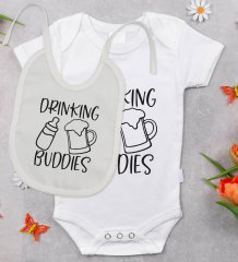 BK Kids Drinking Buddies Tasarımlı Bebek Body Zıbın ve Mama Önlüğü Hediye Seti - Model 1
