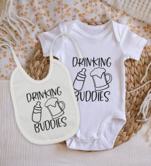 BK Kids Drinking Buddies Tasarımlı Bebek Body Zıbın ve Mama Önlüğü Hediye Seti - Model 1