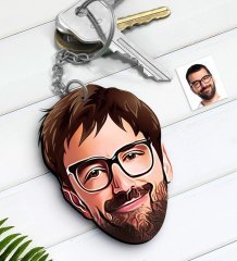 Kişiye Özel Erkek Yüz Karikatürlü Ahşap Anahtarlık-1