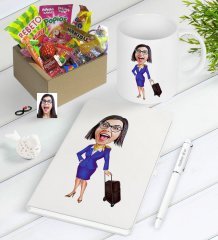 Kişiye Özel Hostes Karikatürlü Nostaljik Lezzetler Defter Kalem Kupa Hediye Seti-2