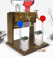 Kişiye Özel Renkli Baskılı Retro Otomobil Tasarımlı İkili Vodka Bardağı ve Çift Musluklu Doğal Ahşap Vodka Standı-3