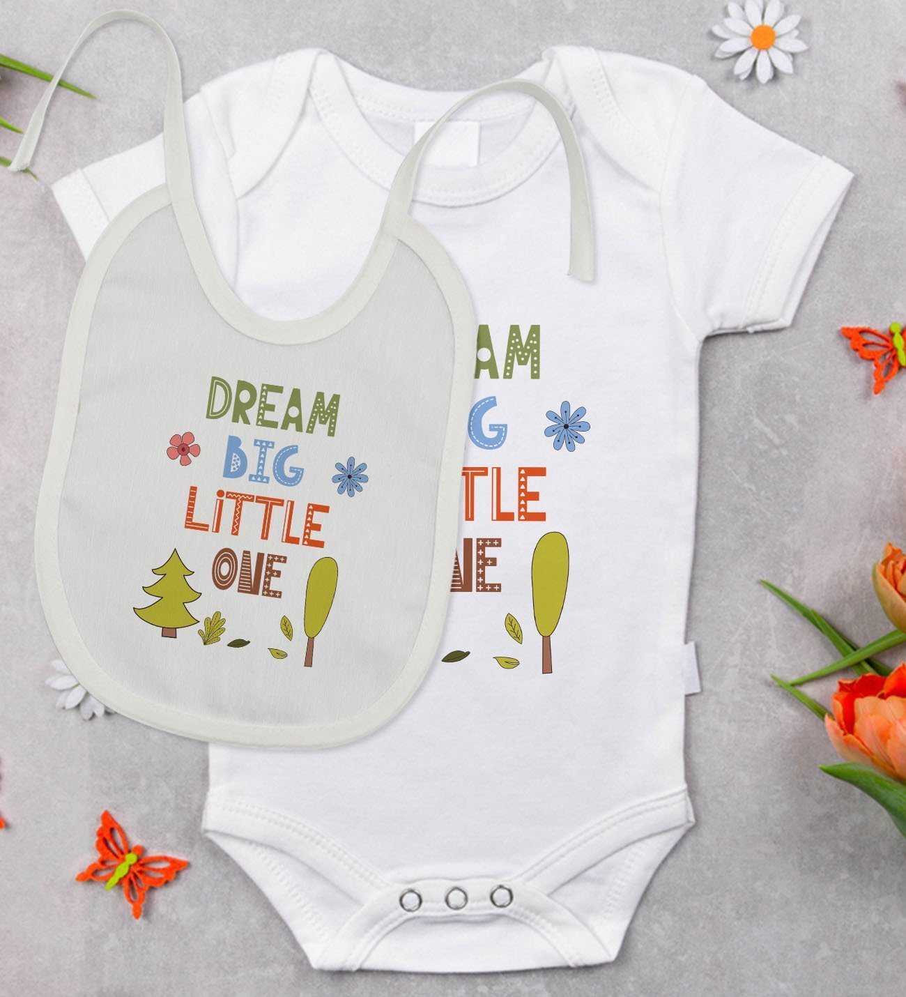 BK Kids Dream Big Little One Tasarımlı Bebek Body Zıbın ve Mama Önlüğü Hediye Seti - Model 1