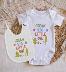 BK Kids Dream Big Little One Tasarımlı Bebek Body Zıbın ve Mama Önlüğü Hediye Seti - Model 1