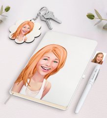 Kişiye Özel Bayan Karikatürlü Beyaz Defter Kalem Ve Anahtarlık Hediye Seti-37