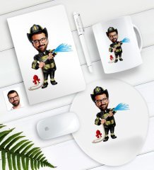 Kişiye Özel Bay İtfaiye Memuru Karikatürlü Defter Kalem Kupa Mouse Pad Seti