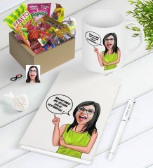 Kişiye Özel Bayan Kolay Yetişmiyor Karikatürlü Nostaljik Lezzetler Defter Kalem Kupa Seti-5
