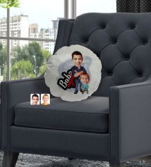 Kişiye Özel Baba Oğul Karikatürlü Yuvarlak Dekoratif Kırlent Yastık-5