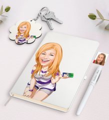 Kişiye Özel Bayan Karikatürlü Beyaz Defter Kalem Ve Anahtarlık Hediye Seti-36