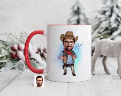 Bk Gift Kişiye Özel Kovboy Karikatürlü Kırmızı Kupa Bardak-4, Sevgiliye Hediye, Arkadaşa Hediye