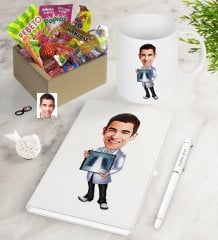 Kişiye Özel Bay Radyoloji Uzmanı Karikatürlü Nostaljik Lezzetler Defter Kalem Kupa Seti