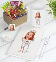 Kişiye Özel Hemşire Karikatürlü Nostaljik Lezzetler Defter Kalem Kupa Hediye Seti-2