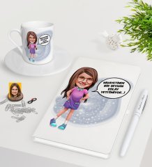 Kişiye Özel Kız Çocuk Kolay Yetişmiyor Karikatürlü Beyaz Defter Kalem Türk Kahvesi Fincanı Seti-5