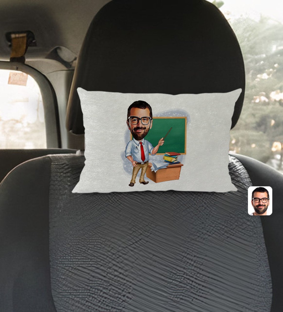Kişiye Özel Erkek Öğretmen Karikatürlü Dikdörtgen Araç Koltuk Yastığı-1