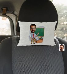 Kişiye Özel Erkek Öğretmen Karikatürlü Dikdörtgen Araç Koltuk Yastığı-1