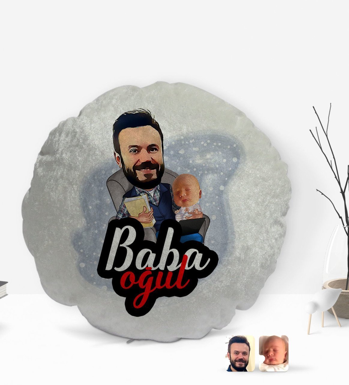 Kişiye Özel Baba Oğul Karikatürlü Yuvarlak Dekoratif Kırlent Yastık-4