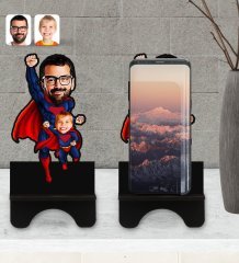 Kişiye Özel Süper Baba Çocuk Karikatürlü Ahşap Biblo Telefon Standı-1