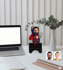 Kişiye Özel Süper Baba Çocuk Karikatürlü Ahşap Biblo Telefon Standı-1
