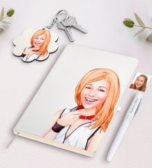 Kişiye Özel Bayan Karikatürlü Beyaz Defter Kalem Ve Anahtarlık Hediye Seti-35