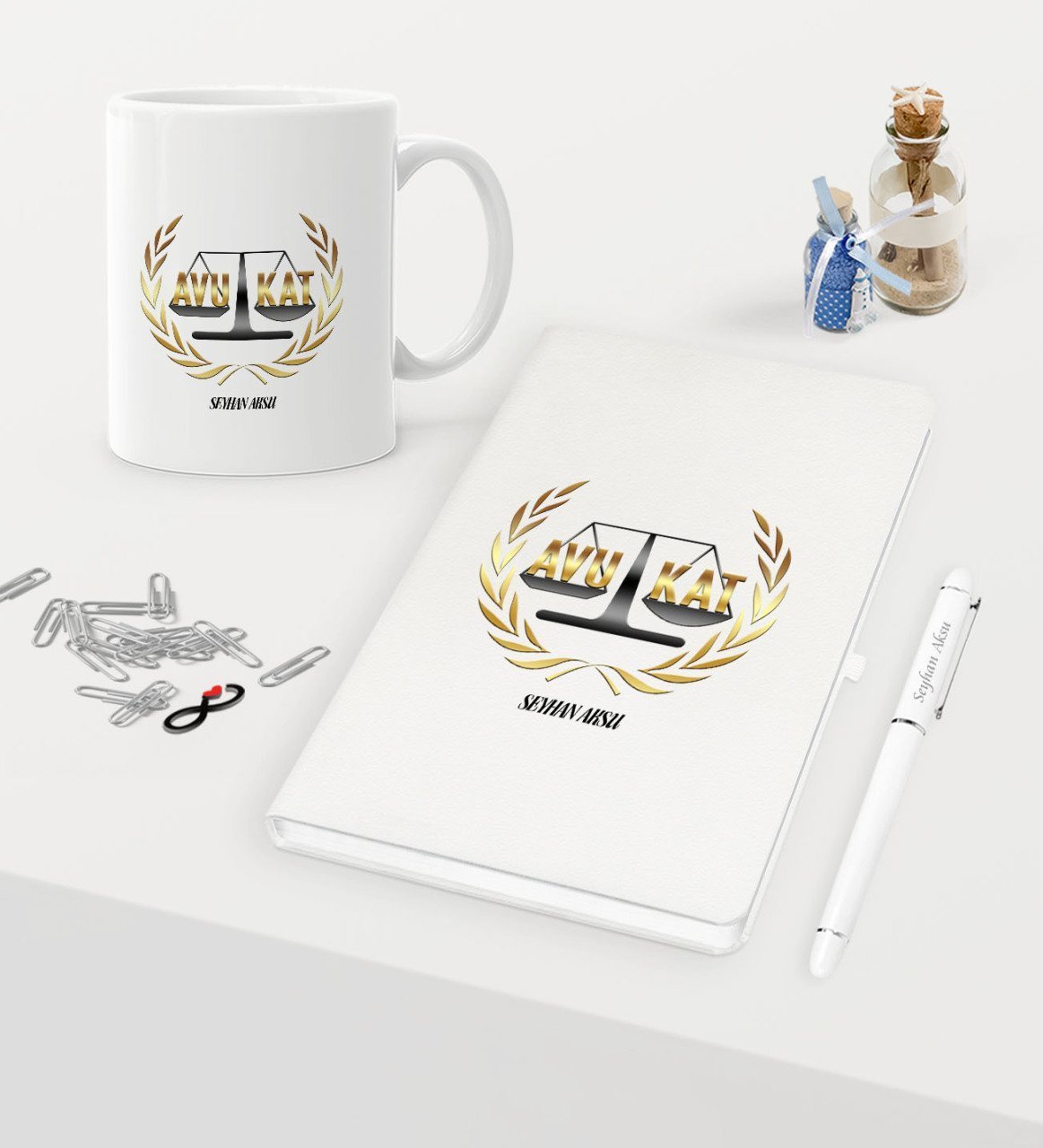 Kişiye Özel Avukat Temalı Beyaz Defter Kalem Kupa Seti - 1