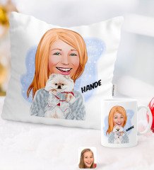 Kişiye Özel Karikatürlü Sevimli Köpek Yastık Kupa Seti