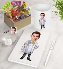 Kişiye Özel Bay Göz Doktoru Karikatürlü Nostaljik Lezzetler Defter Kalem Kupa Seti