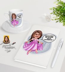 Kişiye Özel Kız Çocuk Kolay Yetişmiyor Karikatürlü Beyaz Defter Kalem Türk Kahvesi Fincanı Seti-4