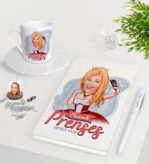 Kişiye Özel Pamuk Prenses Karikatürlü Beyaz Defter Kalem Türk Kahvesi Fincanı Seti-3