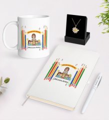 Kişiye Özel Dünyanın En İyi Öğretmeni Beyaz Kupa Defter Kalem ve İsimli Papatya Kolye Hediye Seti-18