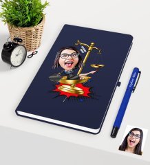 Kişiye Özel Bayan Avukat Karikatürlü Lacivert Defter Kalem Seti - 4