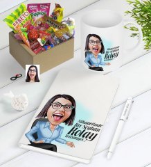 Kişiye Özel Bayan Kolay Yetişmiyor Karikatürlü Nostaljik Lezzetler Defter Kalem Kupa Seti-2
