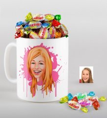 Kişiye Özel Kadın Karikatürlü Kupa ve Haribo Fruitbons Şeker Hediye Seti-31
