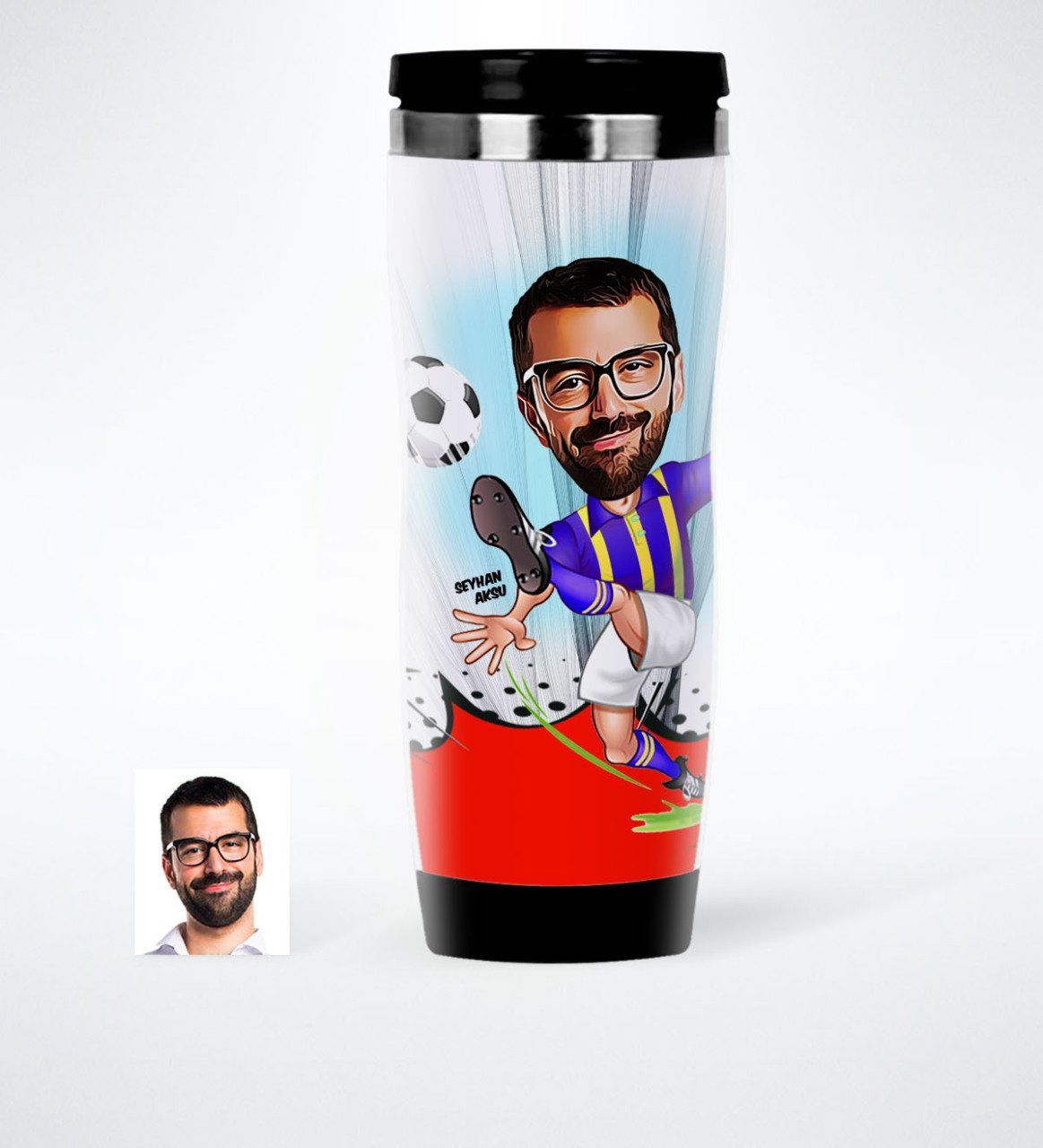 Kişiye Özel Bay Futbolcu Sarı Lacivert Karikatürlü Çelik Termos Bardak - 1