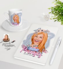 Kişiye Özel Pamuk Prenses Karikatürlü Beyaz Defter Kalem Türk Kahvesi Fincanı Seti-2