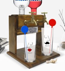 Kişiye Özel Renkli Baskılı Picasso Figürlü İkili Vodka Bardağı ve Çift Musluklu Doğal Ahşap Vodka Standı-1