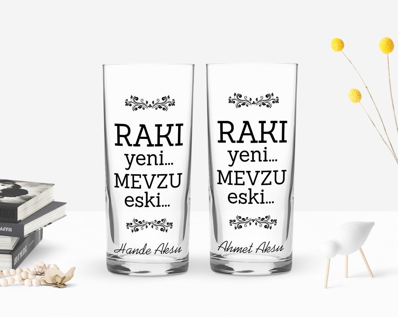 Kişiye Özel Renkli Baskılı Rakı Yeni Mevzu Eski Tasarımlı İkili Rakı Bardağı Seti-1