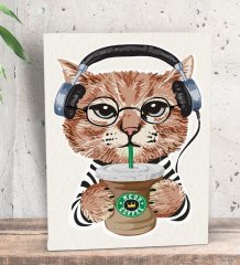 BK Gift Kahve İçen Kedi Tasarımlı Dekoratif Mini Kanvas Tablo 15x20cm-1