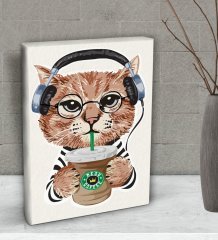 BK Gift Kahve İçen Kedi Tasarımlı Dekoratif Mini Kanvas Tablo 15x20cm-1