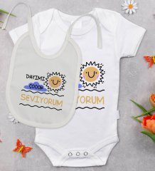 BK Kids Dayımı Çok Seviyorum Tasarımlı Bebek Body Zıbın ve Mama Önlüğü Hediye Seti - Model 1