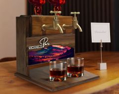 BK Gift Kişiye Özel Kabartma Manzara Tasarımlı İsimli Çift Musluklu Doğal Ahşap İçki Standı-15, İçki Standı, Doğum Günü Hediyesi, Ev Hediyesi