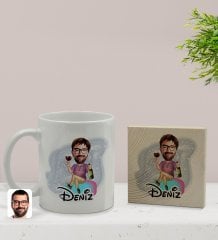 Kişiye Özel Erkek Karikatürlü Beyaz Kupa Bardak ve Ahşap Bardak Altlığı Hediye Seti - Model 2