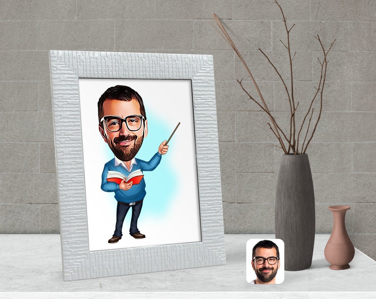 Kişiye Özel Erkek Öğretmen Karikatürlü Dekoratif Çerçeve-2