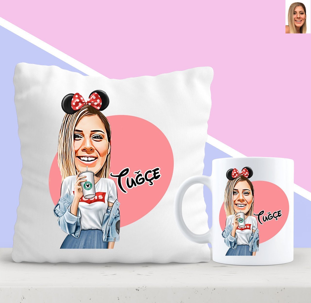 Kişiye Özel Karikatürlü Moda Mini Fare Yastık Kupa Seti 1