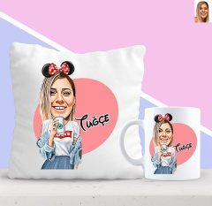 Kişiye Özel Karikatürlü Moda Mini Fare Yastık Kupa Seti 1
