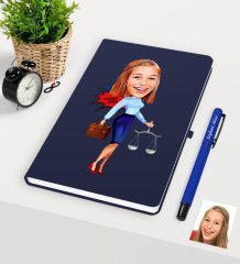 Kişiye Özel Bayan Avukat Karikatürlü Lacivert Defter Kalem Seti - 3