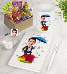 Kişiye Özel Bay Bankacı Karikatürlü Nostaljik Lezzetler Defter Kalem Kupa Seti-3