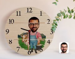 Kişiye Özel Çiftçi Karikatürlü Otantik Ahşap Palet Saat-1