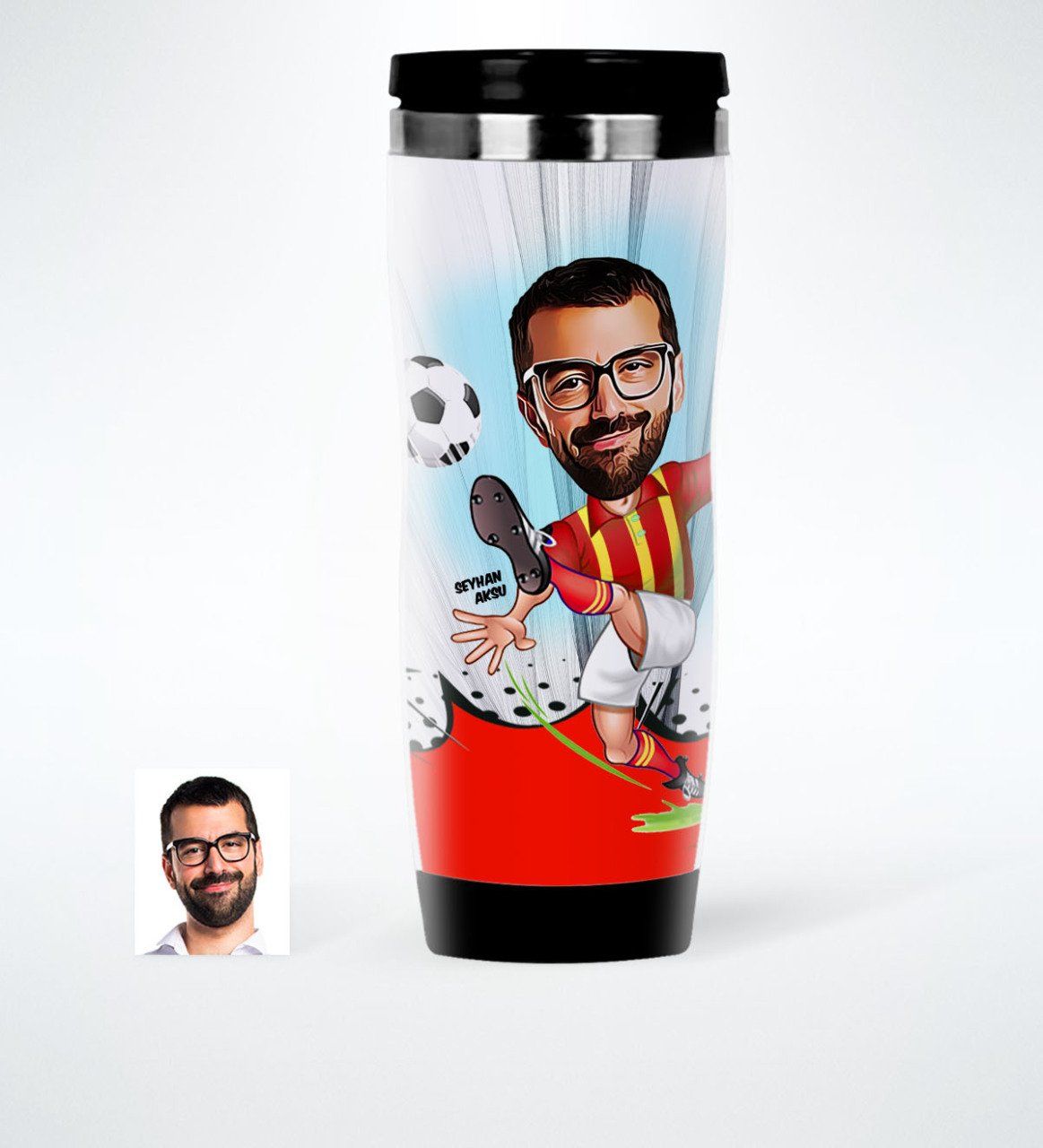 Kişiye Özel Bay Futbolcu Sarı Kırmızı Karikatürlü Çelik Termos Bardak - 1